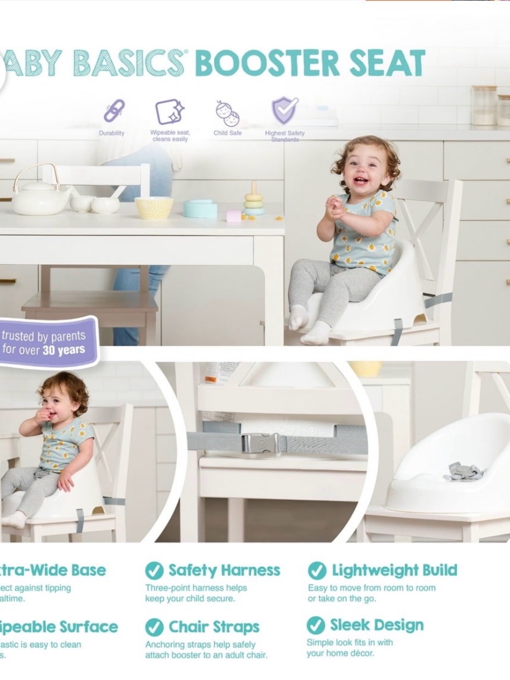 Baby Basics White Booster Seat with Gray Straps - Kids Accessories